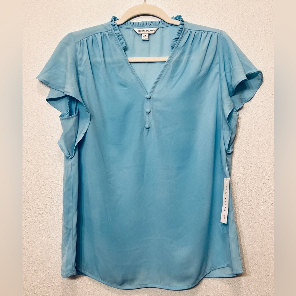 Counterparts Blue Ruffled Collar Blouse NWT